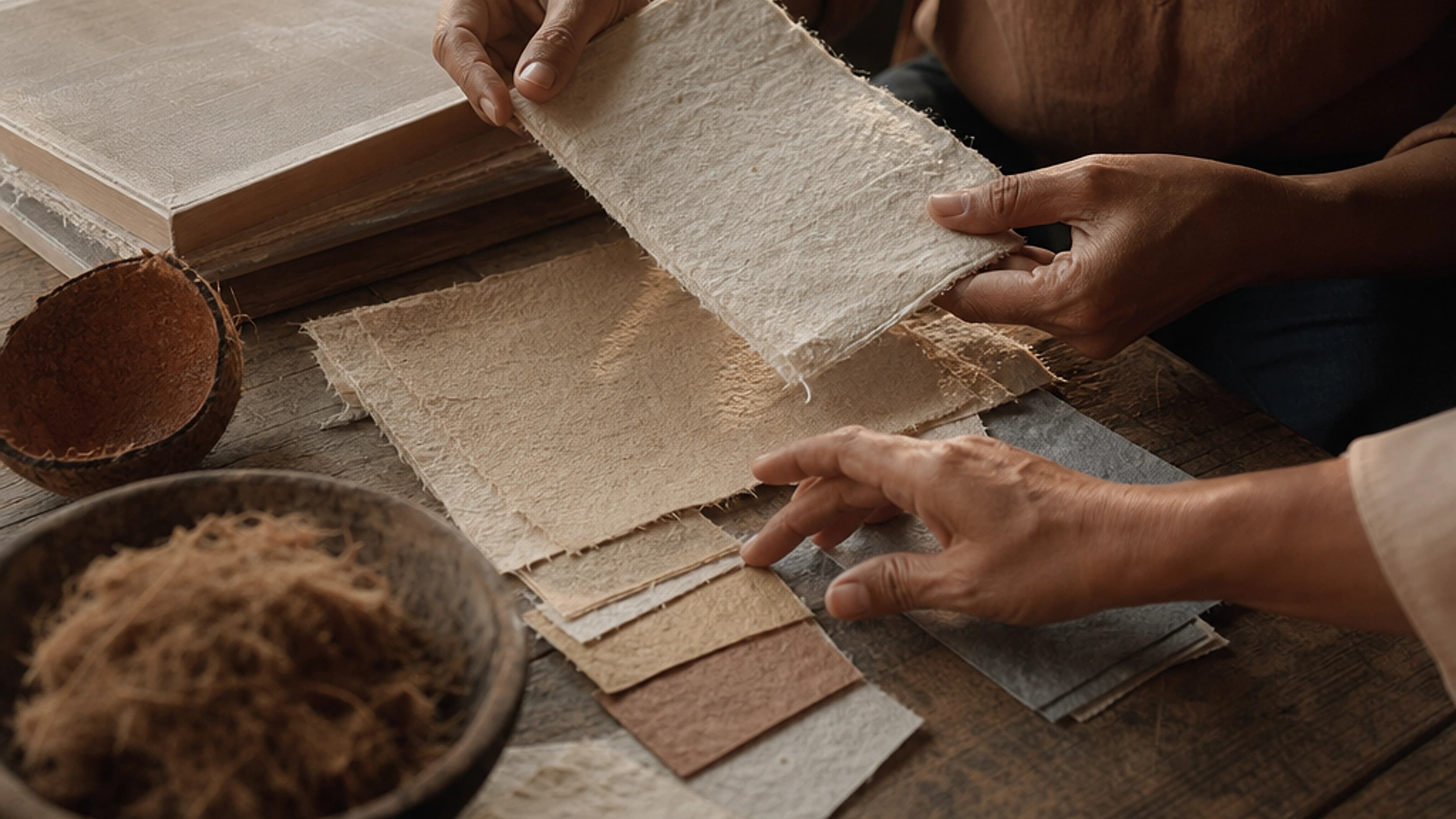 Không gian xưởng giấy dừa thủ công trong ánh sáng vàng