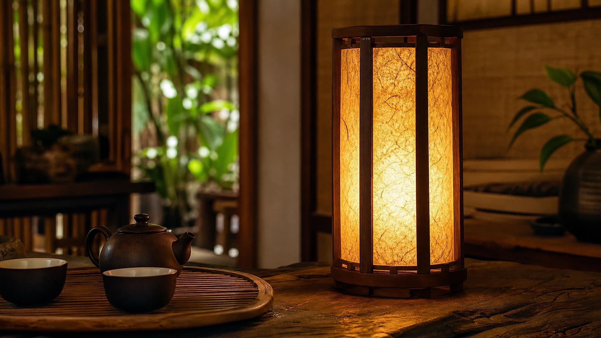 Không gian trà với đèn giấy dừa
